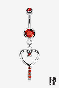 316L Surgical Steel Heart Key with CZ Navel Ring - 14GA Red