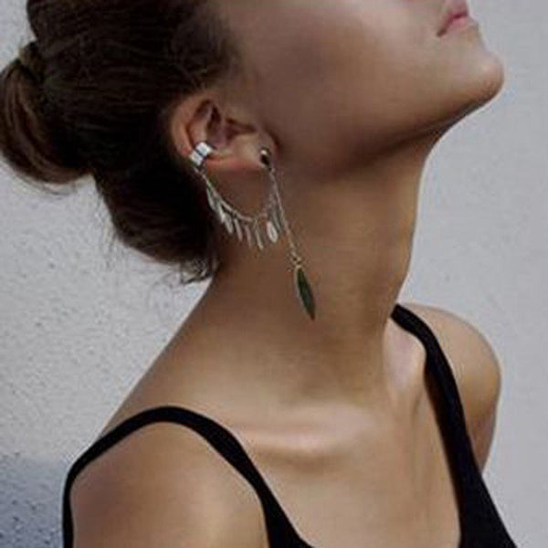 Trendy Gothic Leaf Tassel Chain Earring Cuff in 14k Gold & Silver Plated