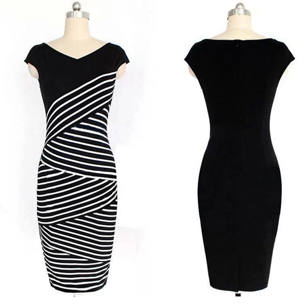 Casual manga curta Top listrado Bodycon lápis Midi vestidos