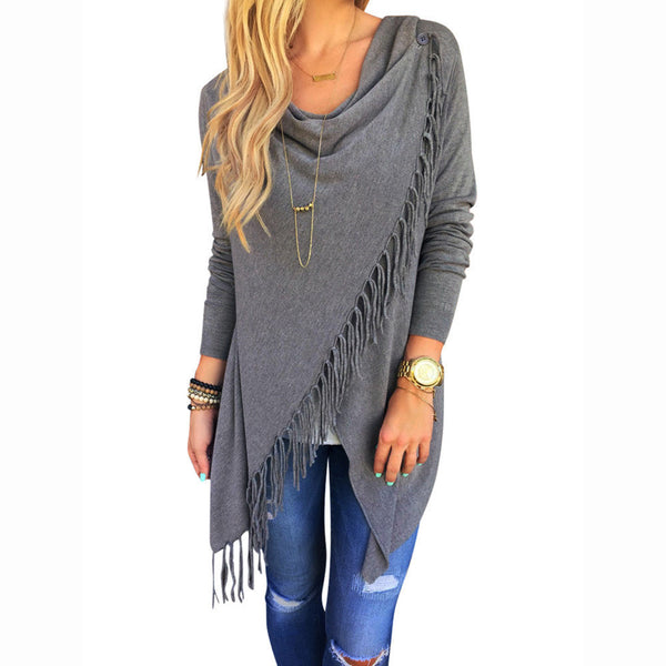 Women Long Sleeve Blouse Tassel Slash